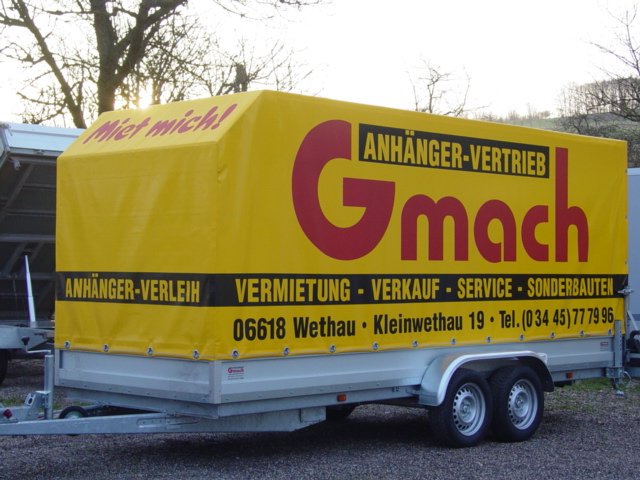 PKW-Anhänger - Planenanhänger 400 cm x 180 cm x 200 cm
Transportanhänger für Sperrige Güter / Umzugsanhänger oder zum Transport von Palettenware - Anhängervertrieb Gmach